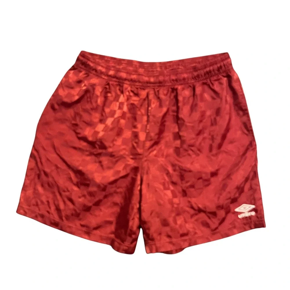 Umbro Soccer Shorts Men Large Maroon Checkerboard Shiny Blokecore Athletic Retro
